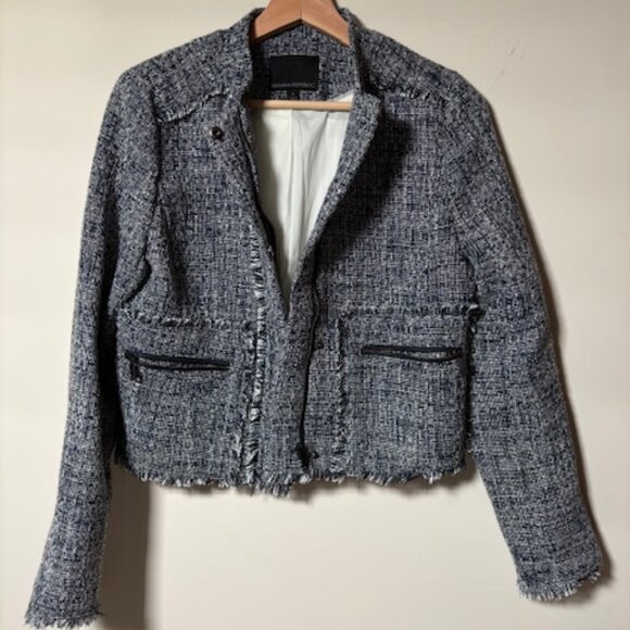 BANANA REPUBLIC Raw Hem Tweed Moto Jacket Cropped Office Navy White EUC Size 4 - Picture 3 of 10